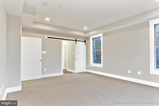 spare room featuring a barn door, a tray ceiling, and light colored carpet