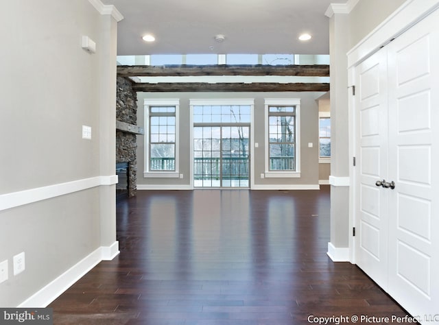 foyer featuring crown molding, dark hardwood / wood-style floors, and a fireplace