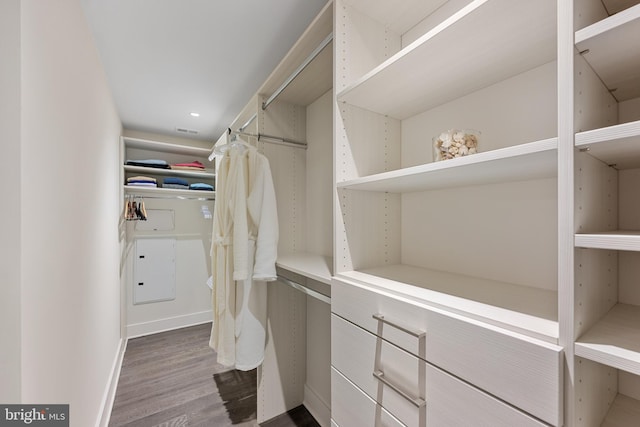 spacious closet with dark wood-type flooring