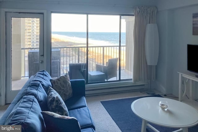 living room with a water view, a baseboard radiator, a wealth of natural light, and a view of the beach