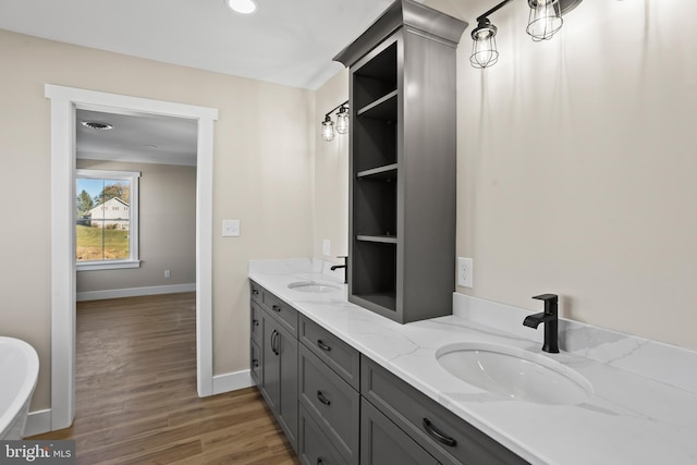 bathroom with vanity and hardwood / wood-style floors