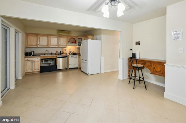 kitchen featuring sink, white appliances, light tile flooring, and ceiling fan