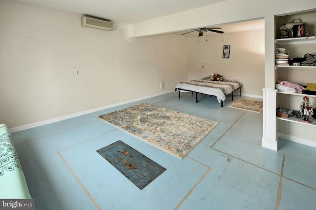 bedroom featuring ceiling fan and a wall unit AC