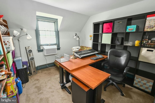 office area featuring light carpet and vaulted ceiling