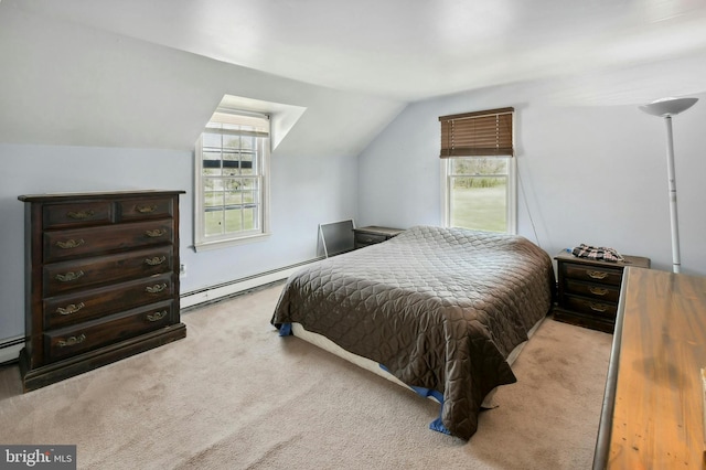 bedroom with light colored carpet, vaulted ceiling, and a baseboard heating unit