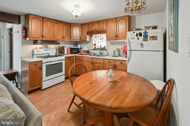 kitchen featuring light hardwood / wood-style floors, white appliances, and sink