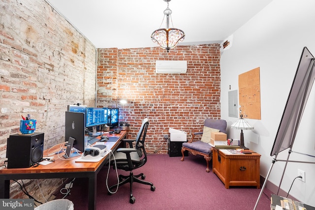 office space featuring an AC wall unit, brick wall, and light colored carpet