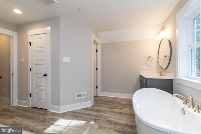 bathroom featuring vanity, a washtub, and wood-type flooring