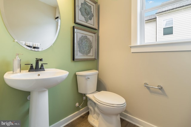 bathroom featuring toilet, a wealth of natural light, and wood-type flooring