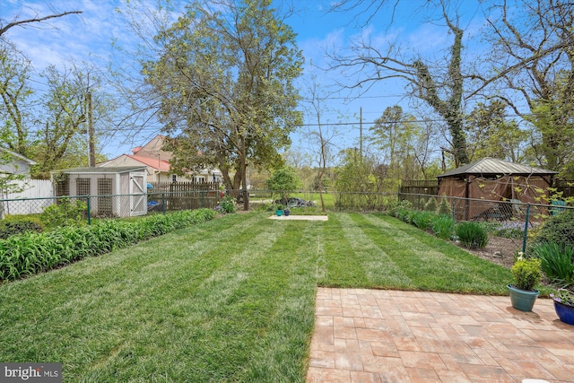 view of yard with a patio and an outdoor structure