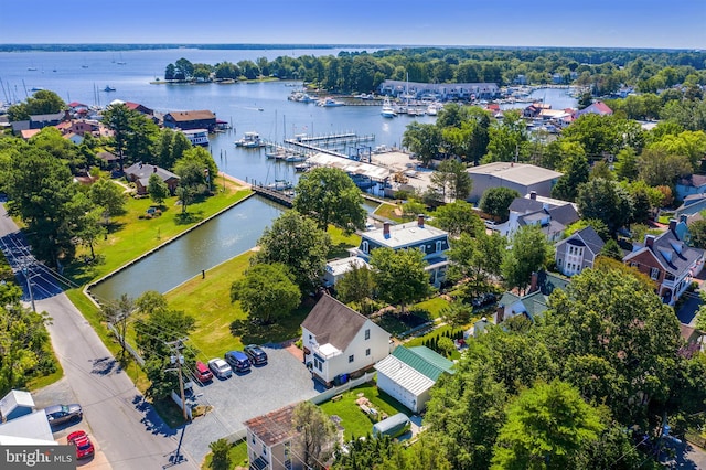 drone / aerial view with a water view