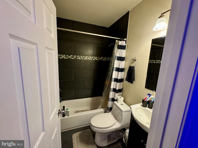 full bathroom with tile patterned floors, vanity, toilet, and shower / bathtub combination with curtain