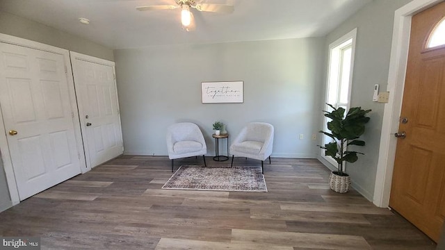 living area with ceiling fan and dark wood-type flooring