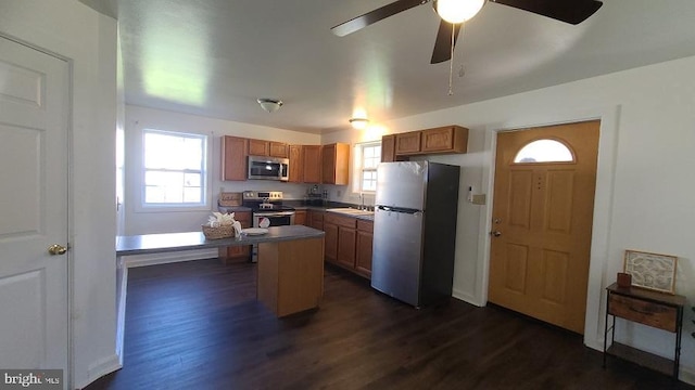 kitchen featuring a healthy amount of sunlight, ceiling fan, stainless steel appliances, and dark wood-type flooring