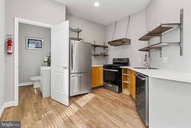 kitchen with appliances with stainless steel finishes, light wood-type flooring, and sink