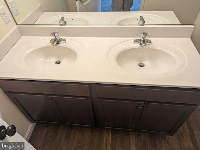 bathroom featuring dual vanity and wood-type flooring