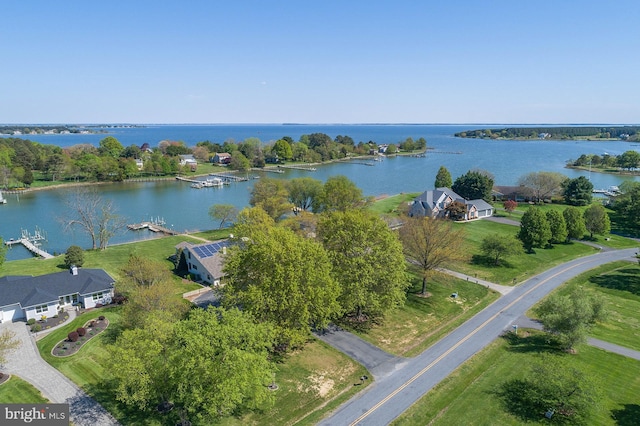 bird's eye view with a water view