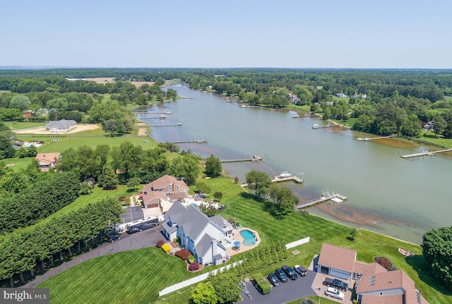 aerial view featuring a water view