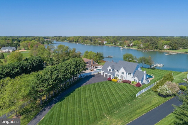 bird's eye view with a water view