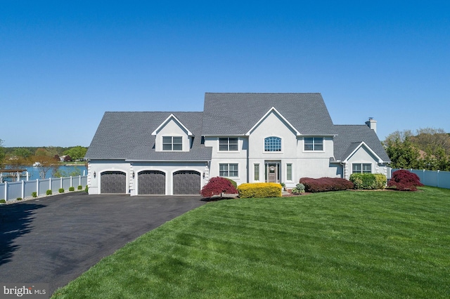 view of front of property with a water view, a front yard, and a garage