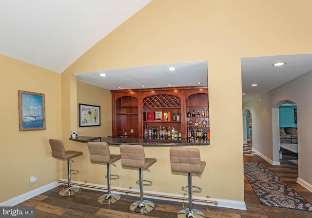 bar featuring built in shelves, lofted ceiling, and dark hardwood / wood-style floors