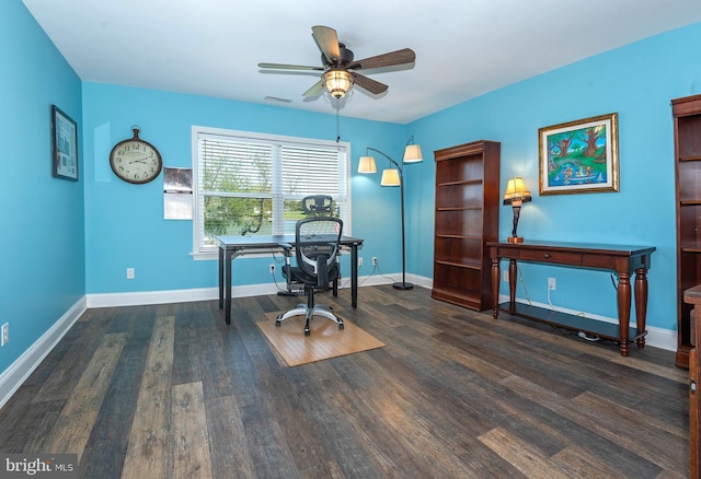 office featuring dark hardwood / wood-style floors and ceiling fan