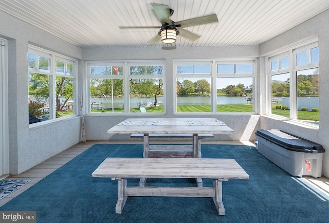 sunroom / solarium featuring ceiling fan and a water view