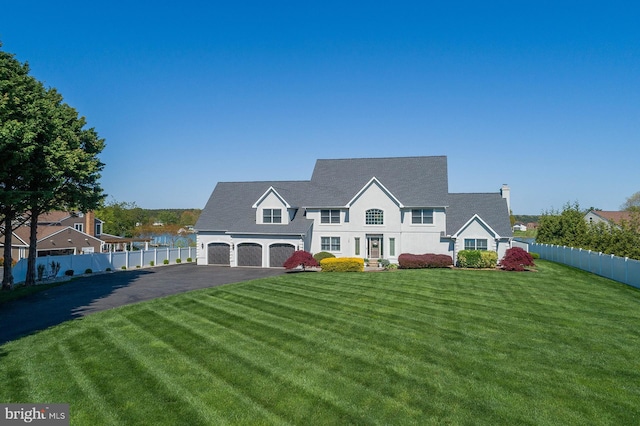 view of front of home with a garage and a front lawn