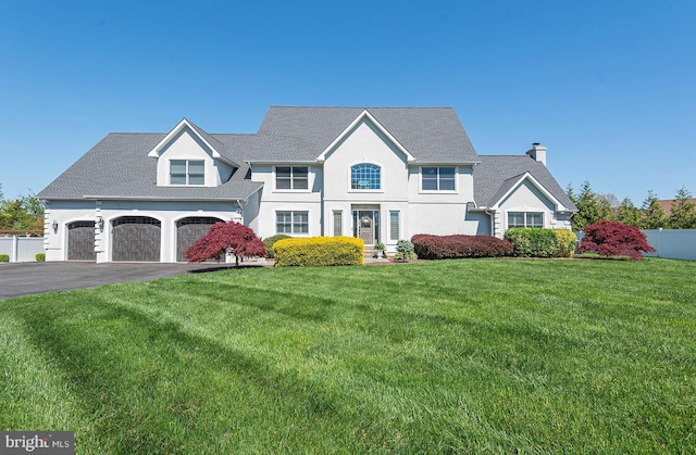 view of front of home with a front yard and a garage