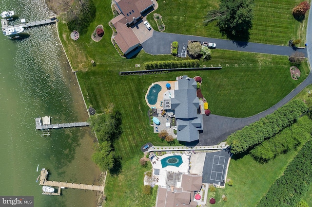 aerial view featuring a water view