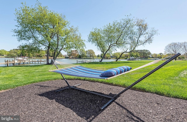 view of community with a yard and a water view