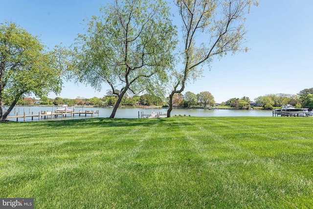 view of yard with a boat dock and a water view