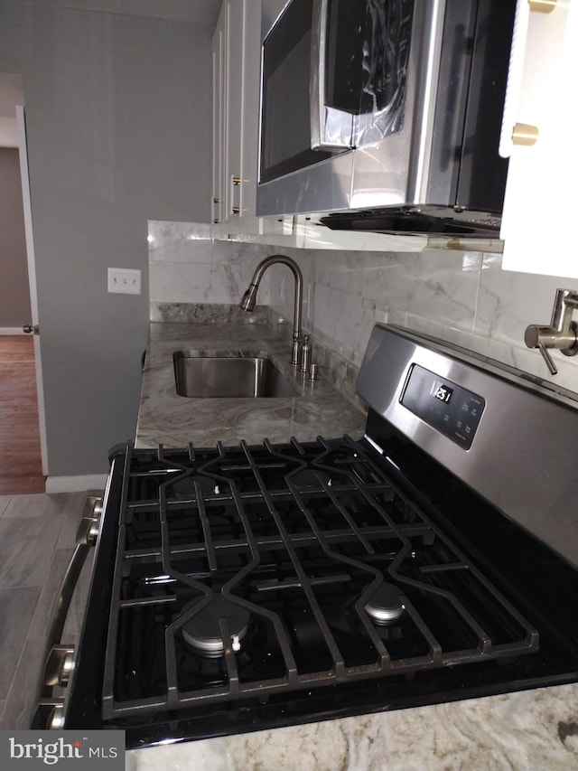 kitchen featuring sink, light stone counters, tasteful backsplash, and hardwood / wood-style flooring