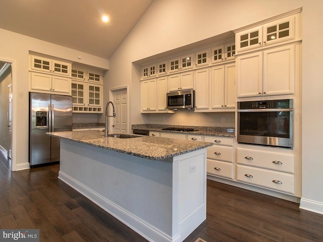 kitchen featuring appliances with stainless steel finishes, dark hardwood / wood-style floors, sink, and an island with sink