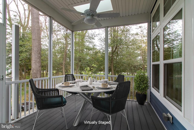 sunroom featuring a skylight and ceiling fan