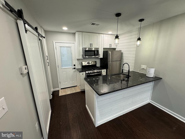 kitchen with sink, dark hardwood / wood-style flooring, appliances with stainless steel finishes, a barn door, and decorative light fixtures