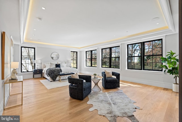 living room featuring light wood-type flooring, plenty of natural light, and a tray ceiling