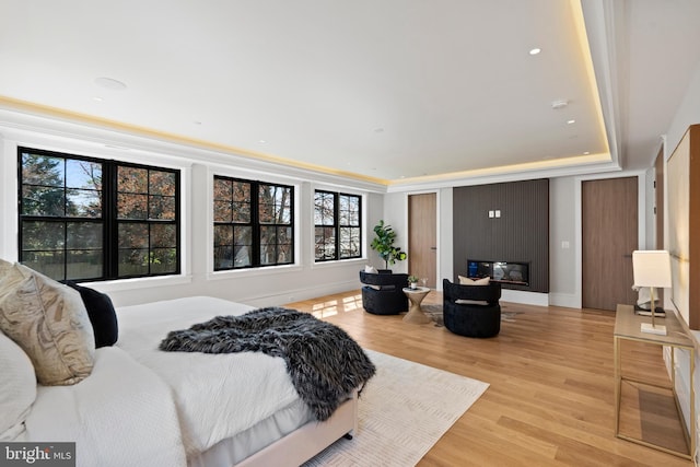 bedroom featuring light hardwood / wood-style flooring and a tray ceiling