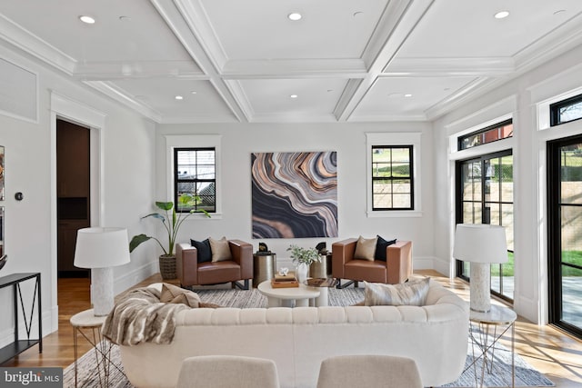 living room with coffered ceiling, light hardwood / wood-style flooring, and beamed ceiling