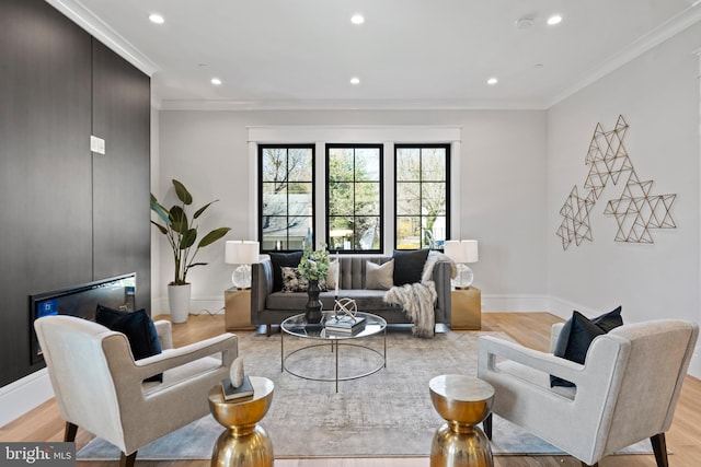 living room featuring ornamental molding and light hardwood / wood-style flooring