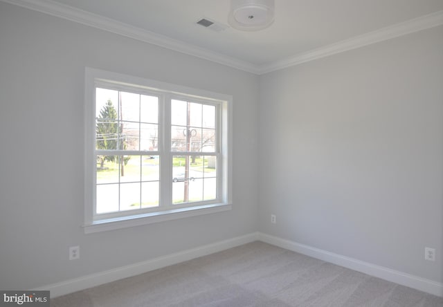 carpeted empty room featuring crown molding