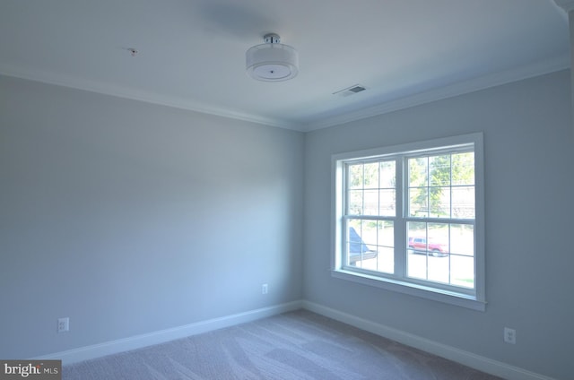 empty room featuring light colored carpet and crown molding