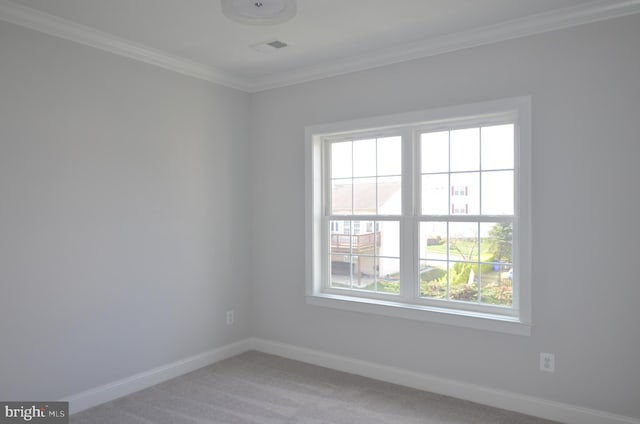 carpeted spare room featuring ornamental molding