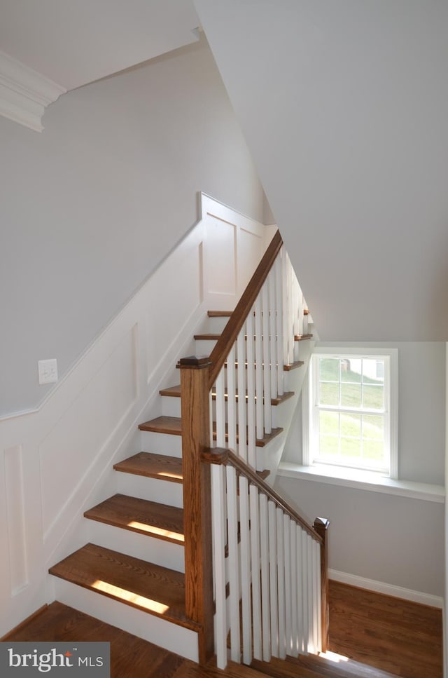 stairway with vaulted ceiling and dark wood-type flooring