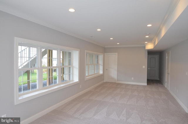 empty room featuring ornamental molding and light carpet