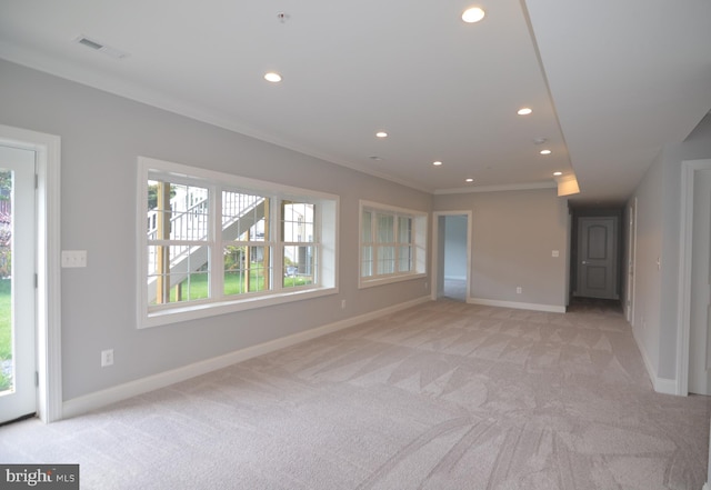 carpeted spare room with plenty of natural light and ornamental molding