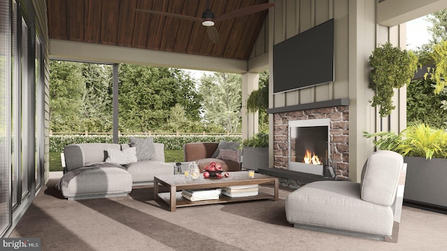 sunroom with lofted ceiling, ceiling fan, an outdoor stone fireplace, and wood ceiling