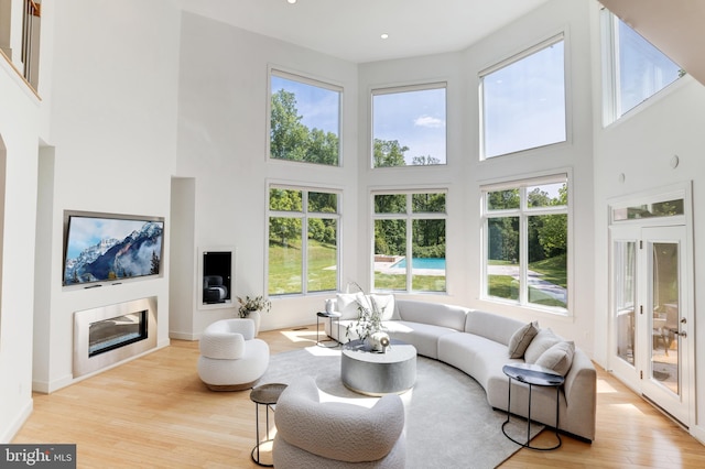 living room featuring plenty of natural light, a towering ceiling, and light wood-type flooring