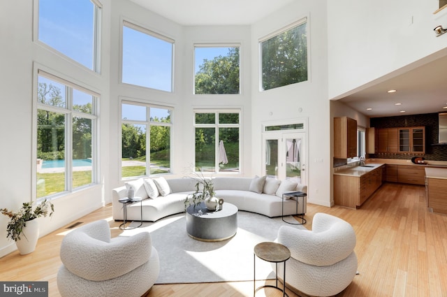 living room with plenty of natural light, light hardwood / wood-style floors, and a high ceiling