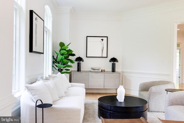 living room featuring hardwood / wood-style floors, a wealth of natural light, and ornamental molding